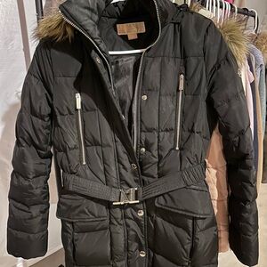 MICHAEL Michael Kors Black Puffer Jacket with Fur Hood